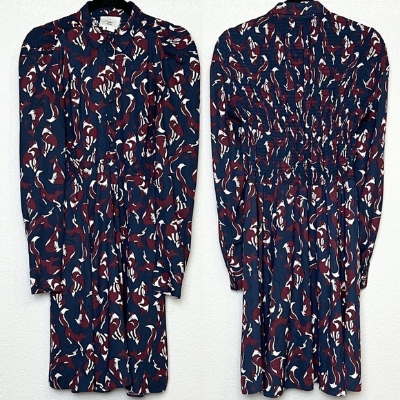 KATE SPADE Fox Print Smocked Long Sleeve Pippa Middleton Shift Shirt Dress 4 - Picture 5 of 14